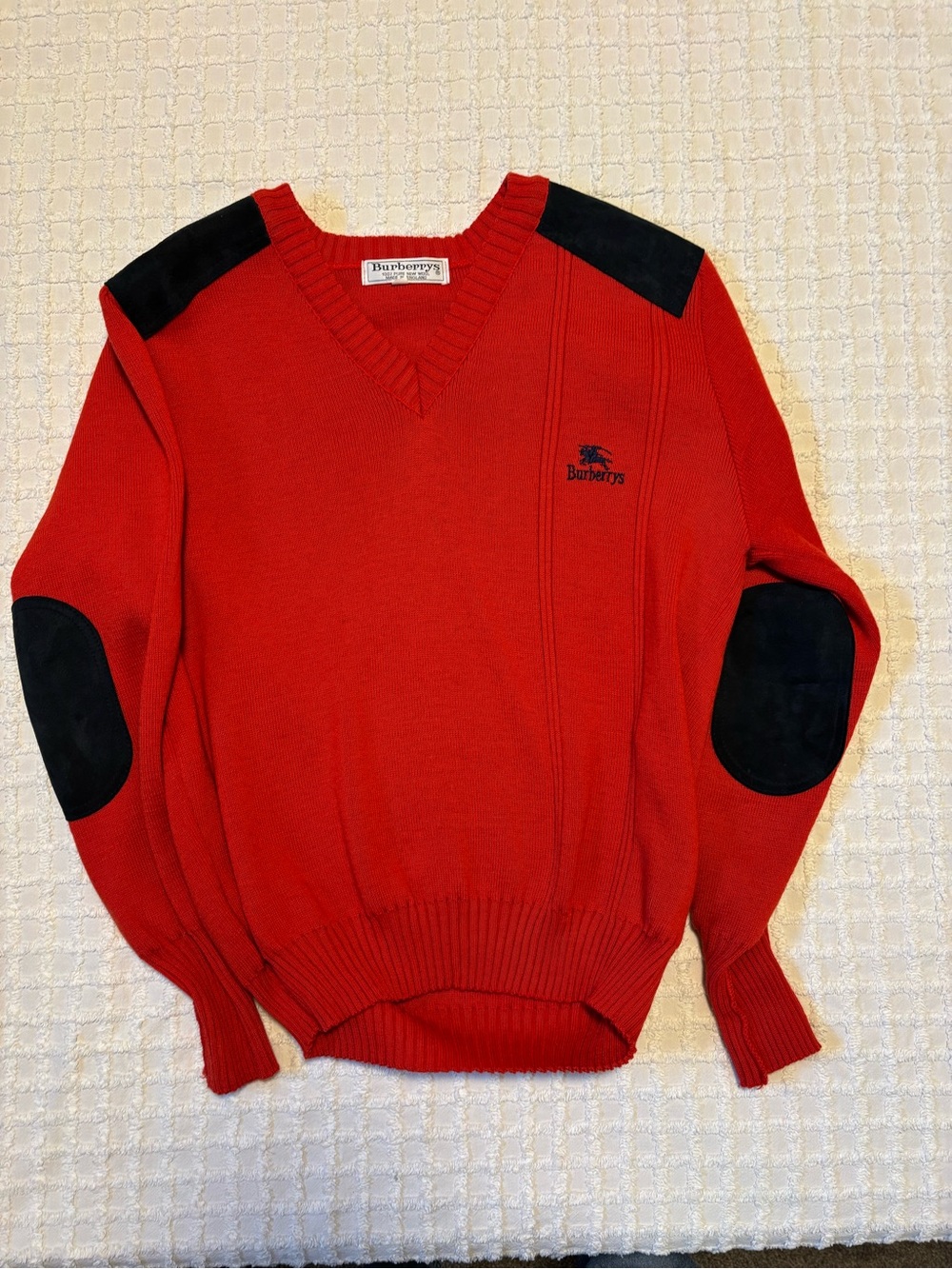 Burberry Red V-Neck Sweater with Navy Elbow & Shoulder Patches